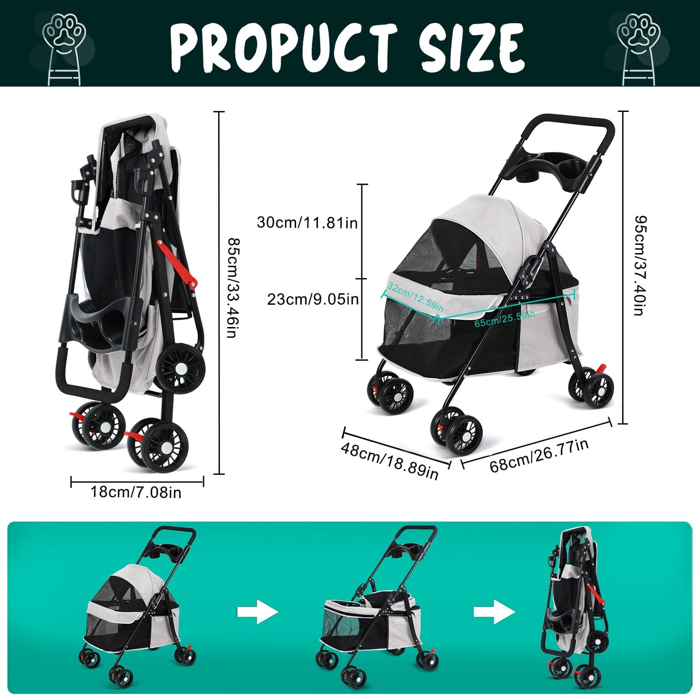 sxvbdway 4 Wheels Pet Stroller for Medium Small Dog up to 50lbs, Dog Cat Stroller, Outdoor Travel Pet Folding Strollers, Cat Cage Strollers with Cup Holder, Breathable and Visible Mesh (1 Set-Grey)