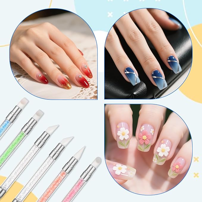 6 Pcs Nail Art Sculpture Pen, Dual Tipped Silicone Nail Tools, Silicone Head Acrylic Handle Nail Art Brushes, Rhinestone Nail Polish Carving Pen, Nail Art Tools for Home Salon(5 Colors)