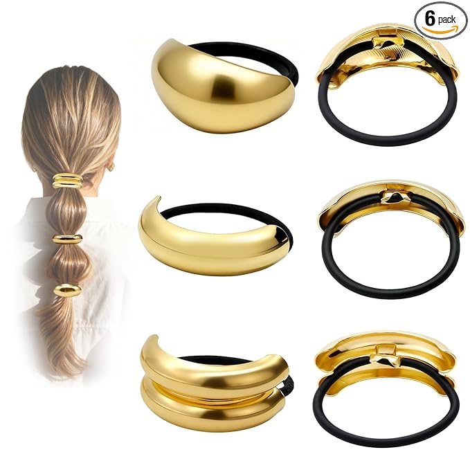 OHCISP 6Pcs Gold Hair Ties - 3 Styles Gold Hair Accessories for Women & Girls, Elegant Chic Metal Hair Cuff Non-Damage Ponytail Cuffs Holders for Thick Hair