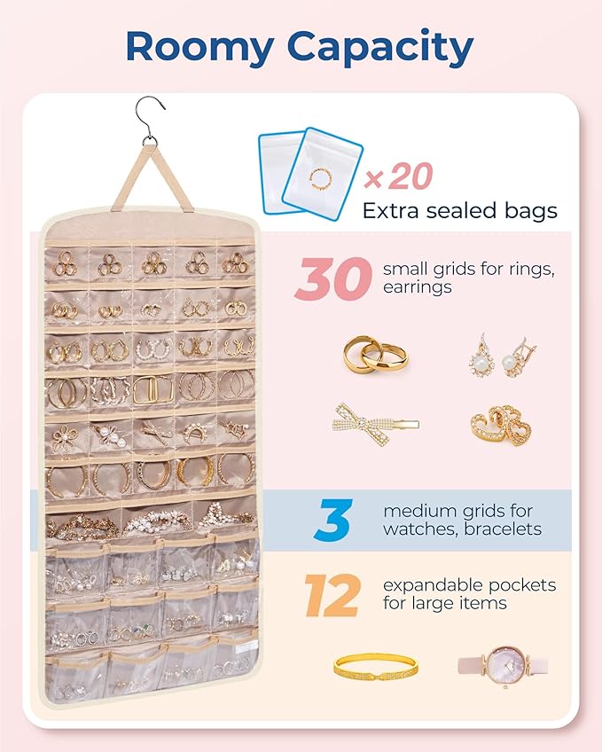 BAGSMART Hanging Jewelry Organizer, Necklace Holder Anti-tangle Earrings Rings Hanger with Pockets Hang on Closet, Wall, Door,1 Piece, Extra Large Beige
