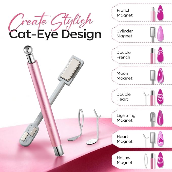 modelones Cat Eye Gel Polish Nail Magnet, 3-in-1 Cat Eye Magnet Pen & Heart-Shaped for Nail Art Tool Cylindrical & Ball &Hole &Lightning Magnet, Multi-Effect Magnets for Cateye Gel Polish DIY Salon
