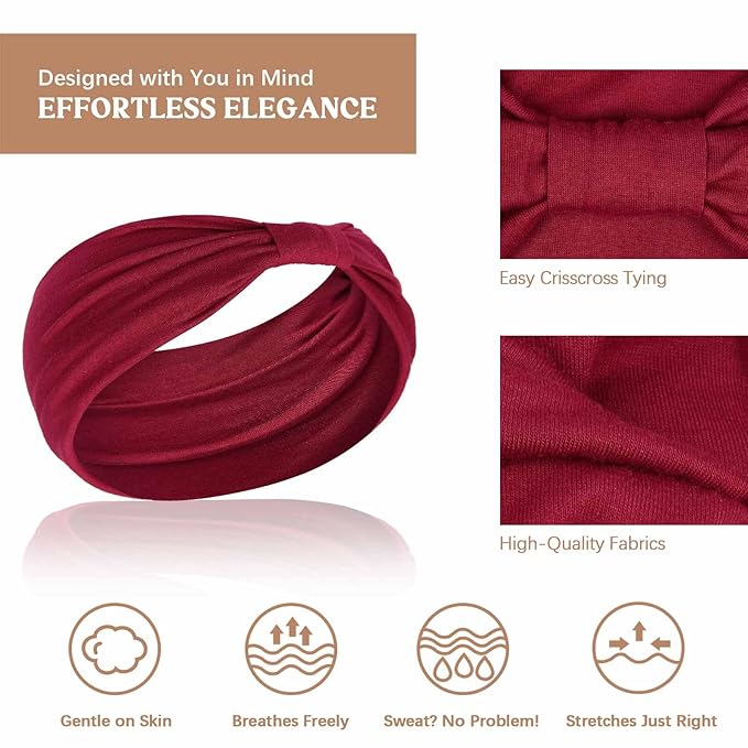 Awumbuk Wide Headbands for Women Knotted No Slip Head Bands Soft Turban Headband Hair Accessories Boho African Solid Color Head Wraps for Women Yoga Workout Pack of 6 (Fashion)