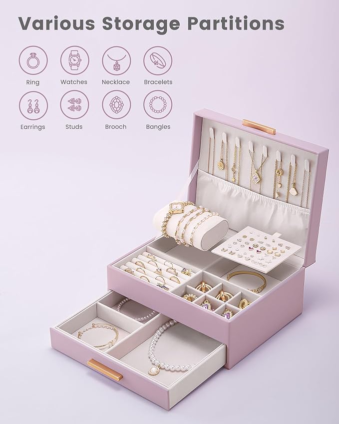 Lolalet 2-Layer Jewelry Box Organizer for Women Girls, Jewelry Storage Case Holder with Drawers for Necklaces Ring Earrings Bracelet Watch, Gifts for Galentines Valentines Girlfriend Wife -Purple