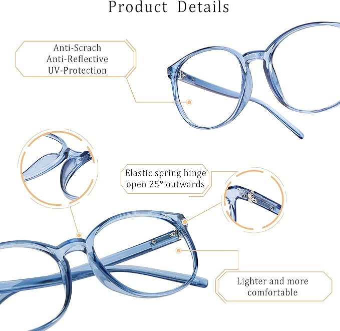 LifeArt Round Blue Light Blocking Glasses, Computer Glasses, Gaming Glasses, TV Glasses for Women Men (Light Blue, 0.25 Magnification)