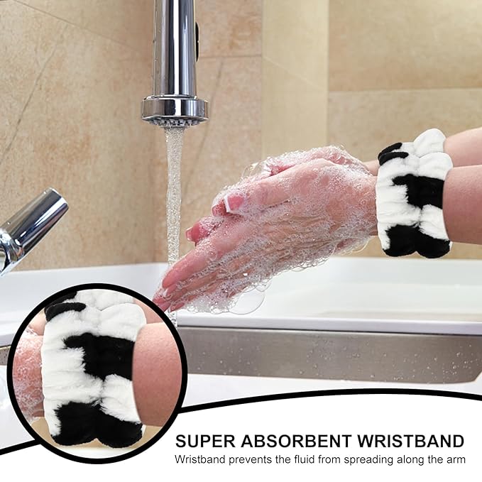 CAVETEE 3 Piece Hairband and Wristband Set, Black&white Cow Horn, Spa Cosmetic Elastic Makeup Headband and Wristband for Women Girl Wash Face Skincare Makeup Shower Spa Headband