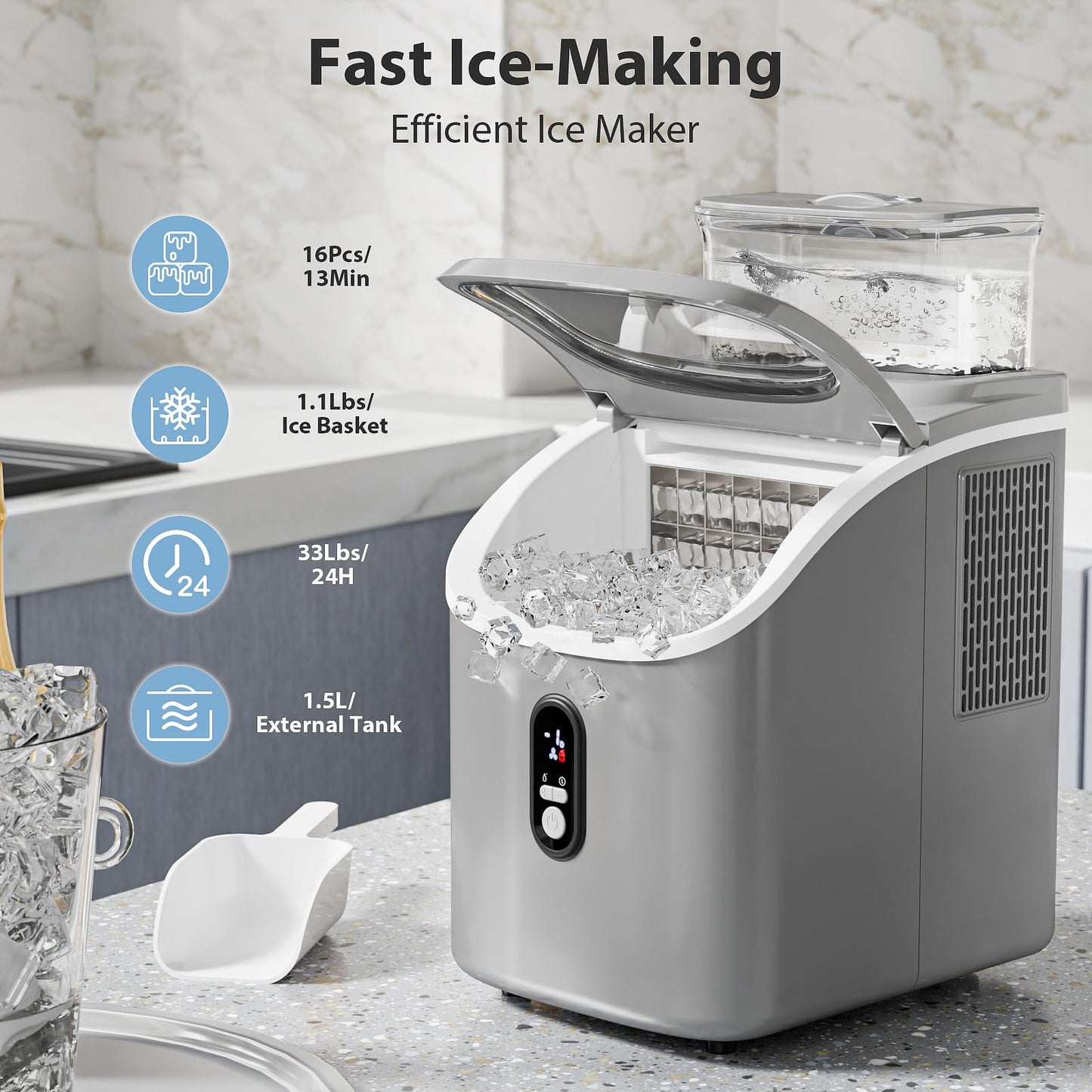 Electactic Countertop Ice Cube Maker Machine with External Water Tank,16Pcs/5Mins,34Lbs/Day,2 Ways to Add Water,Portable Compact Small Ice Maker with Self-Cleaning,Perfect for Home/Kitchen/Camping/RV