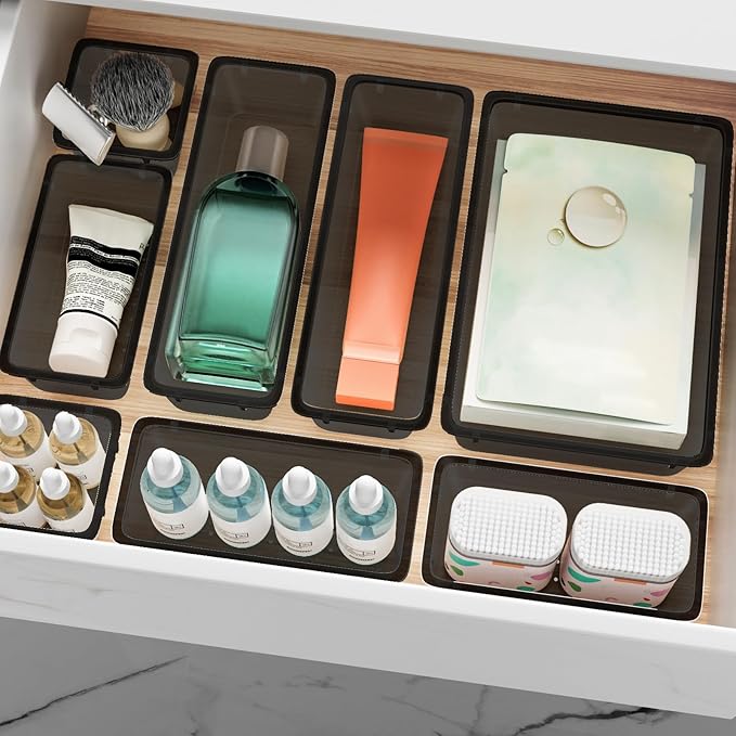 12-Piece Drawer Organizer Set, 4 Sizes Versatile Plastic Vanity Organizer for Makeup, Stationery, Gadgets, in Kitchen, Bathroom, Office, and Bedroom, Black