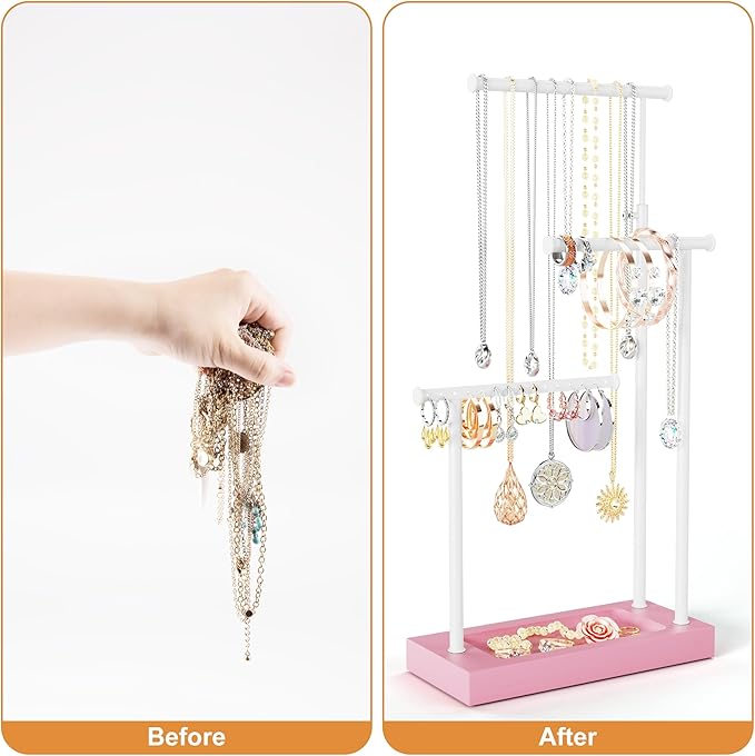 SRIWATANA Jewelry Organizer Stand, Extra Tall Necklace Holder Jewelry Holder, Gift Idea (Pink & White)