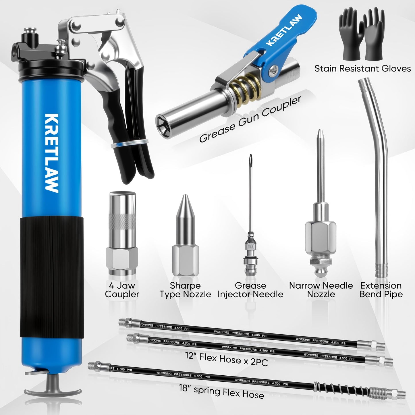KRETLAW Grease Gun, 7000 PSI Heavy Duty Professional Pistol Grip Grease Gun Kit 14 OZ with Coupler, Double Grease Injector Needles, 18" & 2pc 12" Flex Hoses and Reinforced Glove