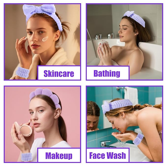 Canitor Spa Headband Wrist Bands Hair Clips Set Skincare Makeup Self Skin Care for Women Washing Face Teens Teenager Tween Clean Girl Gifts Cute Trendy Stuff Things Purple Stocking Stuffers