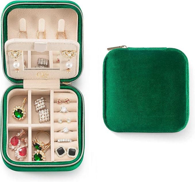 Plush Velvet Travel Jewelry Case, Organizer, Box, Small Case for Women, Earring Organizer with Mirror, Best Gifts For Daughter, Girlfriend, Mom | Gifts For Her - Emerald Green