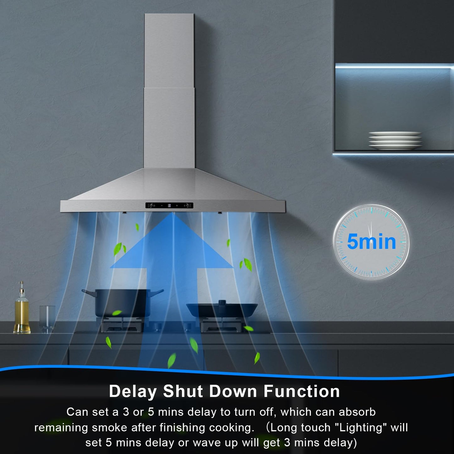 Range Hood 30 inch Stainless Steel, Wall Mount Stove Hood Ducted/Ductless Convertible with 3 Speed Kitchen Vent Hood, Touch Control, Energy-saving LED Lights, 5-Layer Aluminum Filters