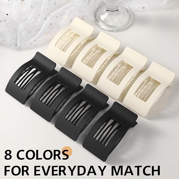 8 Pack French Flat Hair Clips for Women – Large Matte No-Slip Claw Barrettes for Thick & Thin Hair, Strong Hold Styling Accessories (Black and White)