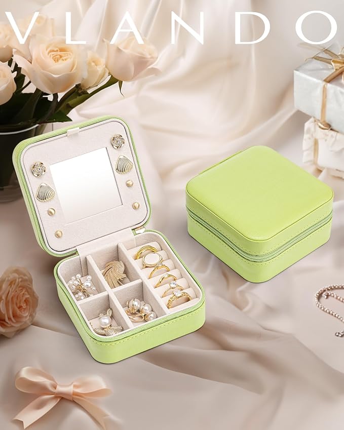 VLANDO Small Travel Jewelry Box Organizer - Girls Women Gift Rings Earrings Necklaces Jewelry Storage Display Case with Mirror Green