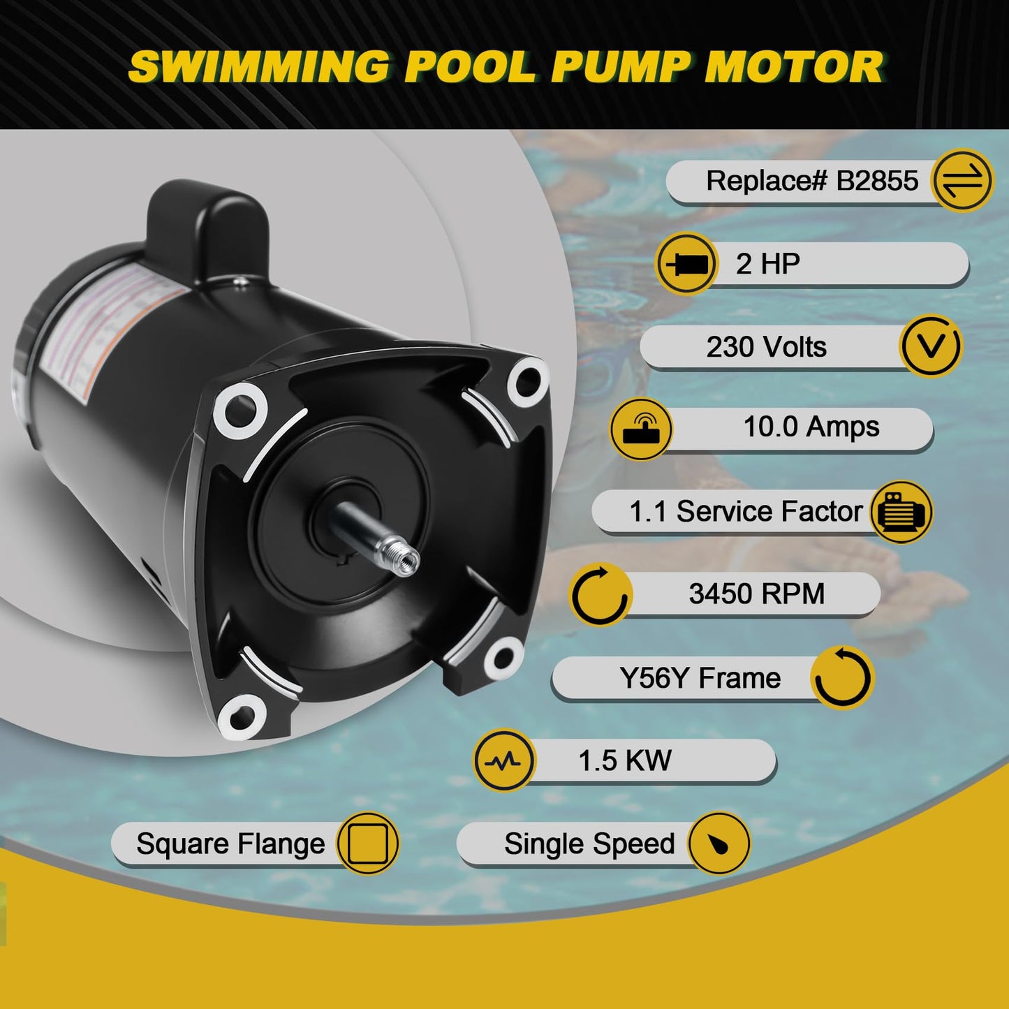 2 HP Pool Pump Motor Compatible with A.O. Smith Century ‎B2855 ‎B855, for Pentair Sta-Rite Whisperflo Challenger Pinnacle Anthony AR2 Series Pumps, 2HP Single Speed Square Pool Motor, 230 V, 1.5 KW