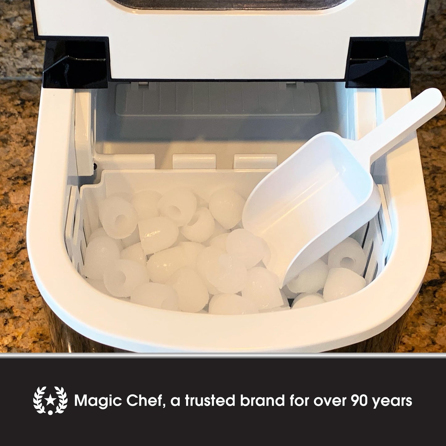 Magic Chef 27-Lb. Portable Ice Maker in Silver, Tabletop Ice Maker for Kitchen, Apartment, Dorm, and Basement with Viewing Window, 2 Ice Cube Sizes, and Ice & Water Level Indicator Lights