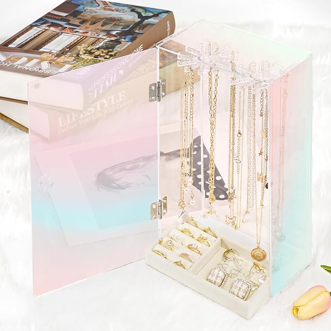 Cirhy Iridescent Acrylic Necklace Holder, Necklace Organizer with 24 Rotatable Hooks, Rainbow Jewelry Organizer Display Box with Velvet Tray for Long Necklaces Pendant Bracelets Rings Earrings