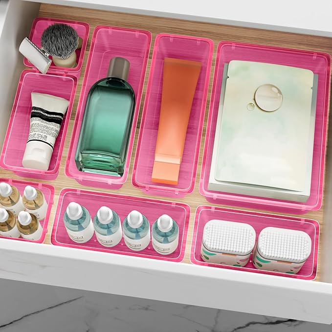 12 PCS Drawer Organizer Set, 4 Sizes Tool Storage Trays, Clear Plastic Makeup Vanity Organizer and Storage Bins for Stationeries, Multiple Gadgets for Office, Bedroom, Pink