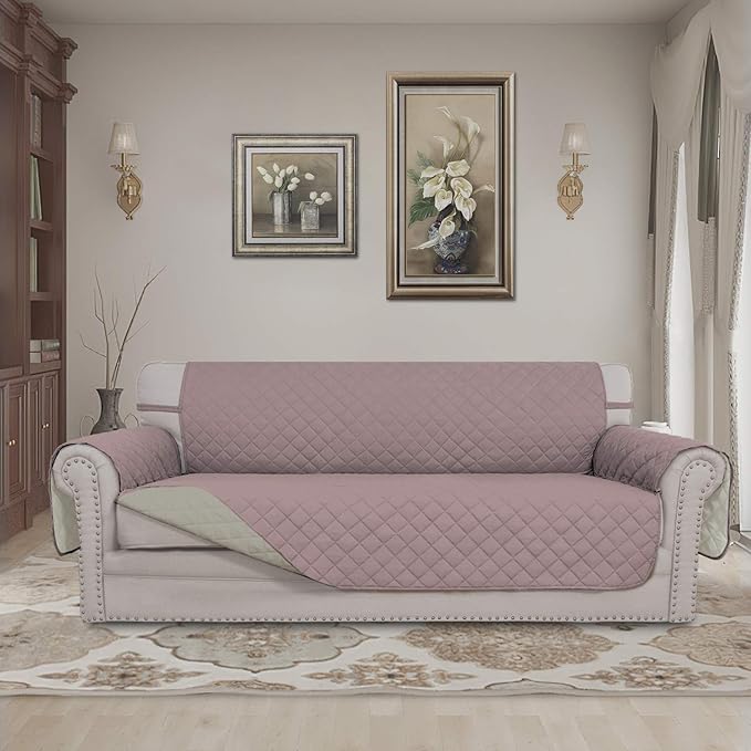 Easy-Going 4 Seater Sofa Slipcover Reversible Sofa Cover Water Resistant Couch Cover with Foam Sticks Elastic Straps Furniture Protector for Pets Children Dog Cat (XX-Large, Pink/Beige)