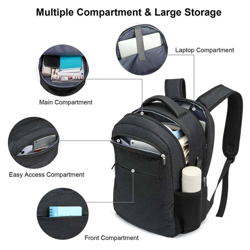 BIKROD Backpack for Men and Women, School Backpack for Boys, Water Resistant Business Travel Laptop Back Pack Fit 15.6 Inch Laptop with USB Charging Port, Black