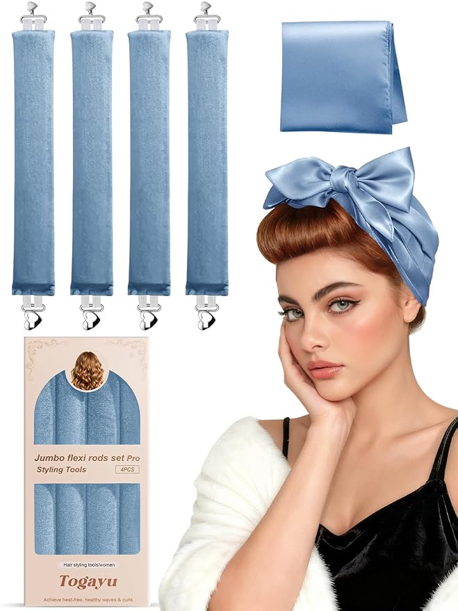 Heatless Curls Overnight Set for Natural Hair, Comfortable Easy-Lock Rollers, Heat-Free Hair Curlers for Long Textured Hair, 4PCS Blue