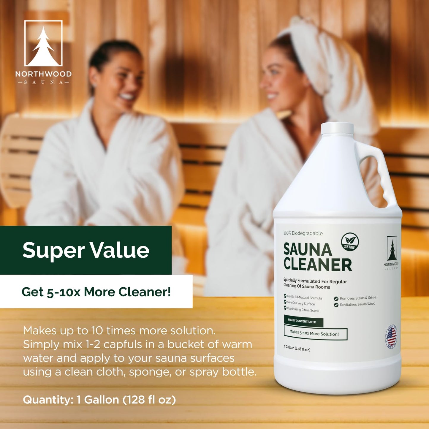 Northwood Sauna - Sauna Cleaner - Natural Wood Cleaner & Deodorizer - Makes 10x More Solution - 1 Gallon (128 Fl Oz)