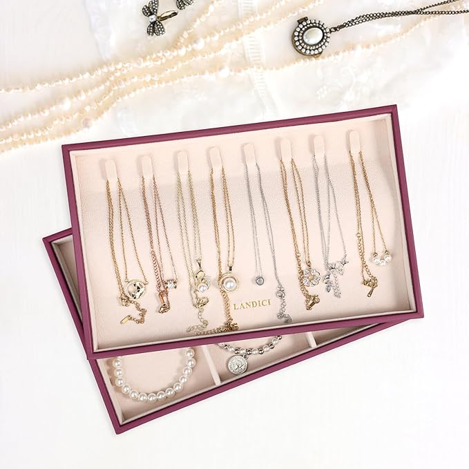 LANDICI Stackable Jewelry Organizer Trays 4 Set,PU Leather Jewelry Organizer Drawer,Jewelry Storage Display Tray for Earring Necklace Rings Bracelet with Removable Dividers,Purple