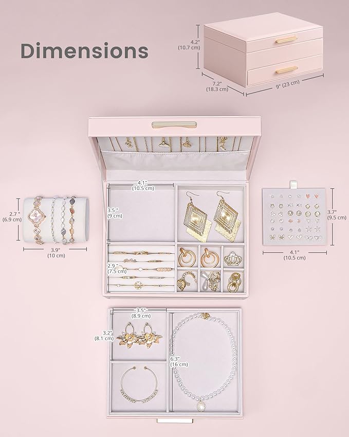 Lolalet 2-Layer Jewelry Box Organizer for Women Girls, Jewelry Storage Case Holder with Drawers for Necklaces Ring Earrings Bracelet Watch, Gifts for Galentines Valentines Girlfriend Wife -Pink