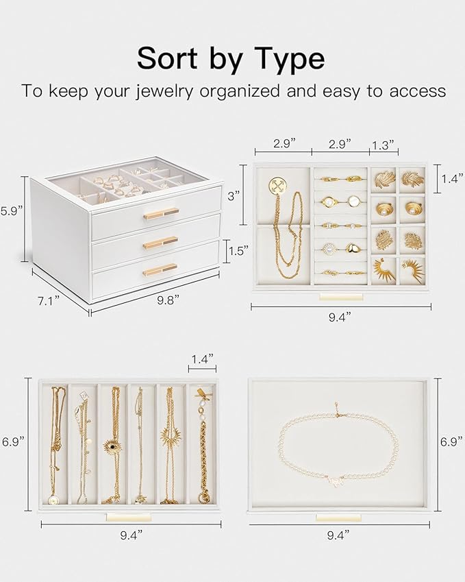 Vlando Jewelry Box for Women, Glass Lid Jewelry Organizer with 3 Drawers for Necklaces Rings Earrings Bracelets Christmas Gift - White