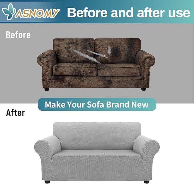 Asnomy Sofa Covers for 2 Cushion Couch Stretch loveseat Covers Slipcovers, Pet Protector Furniture Covers for Dogs Cats Spandex Jacquard Fabric Small Checks （Medium，Silver）