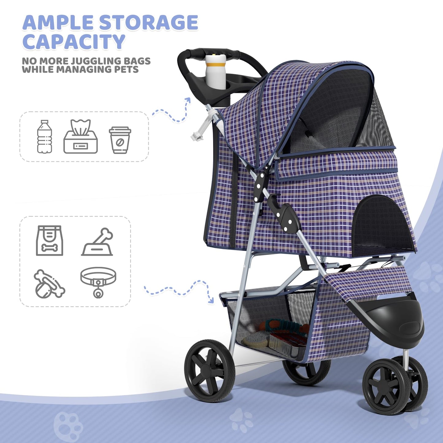 Magshion 3-Wheel Pet Stroller, Foldable Travel Jogger for Small & Medium Dogs & Cats (Up to 33lbs), Lightweight Carrier with Breathable Mesh Cover, Cup Holder & Storage Basket, Plaid