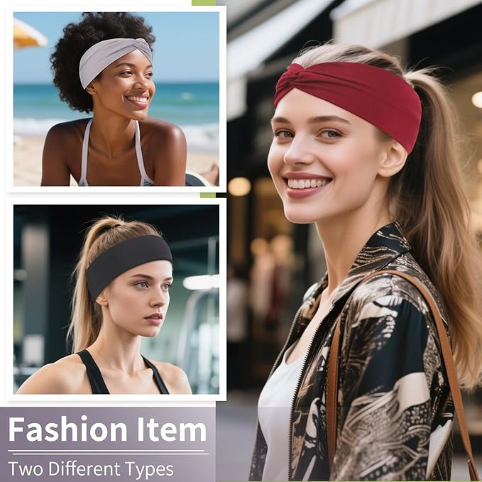12 Pcs Stretchy Headbands for Women, Absorbed Sport Headband Soft Twist Knotted Hairbands for Daily Life Yoga Workout(Black/Grey/White/Red)