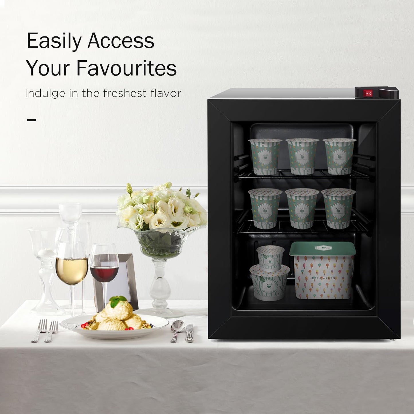 ADT Mini Freezer with Display Glass Door 2.1 Cu Ft Small with 2 Removable Shelves 7 Temperature Settings -8°F to 14°F Perfect for Liquor and Ice Cream