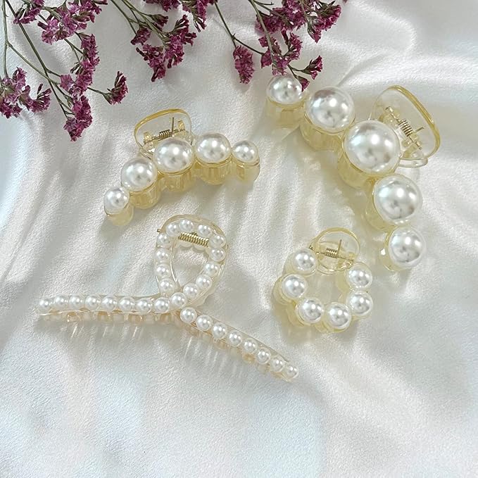 Mehayi 4 PCS Large Pearl Hair Claw Clips for Women Girls, Hair Barrette Clamps for Thick Thin Hair, Fashion Hair Accessories Headwear Styling Tools for Party Wedding