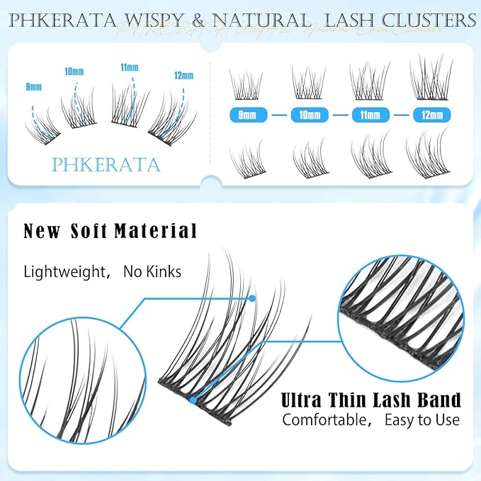 PHKERATA Natural Lash Clusters Wispy Cluster Eyelash Extensions 120 pcs Individual Lashes DIY C Curvature Eyelash Clusters 9-12 mm Natural Lashes Clusters