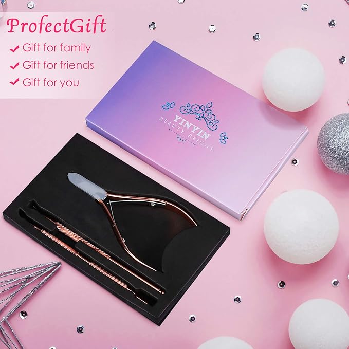 Cuticle Trimmer with Cuticle Pusher and Cutter,YINYIN Cuticle Remover Cutter Nipper Clippers Durable Pedicure Manicure Tools for Fingernails and Toenails(D501-RoseGold)…