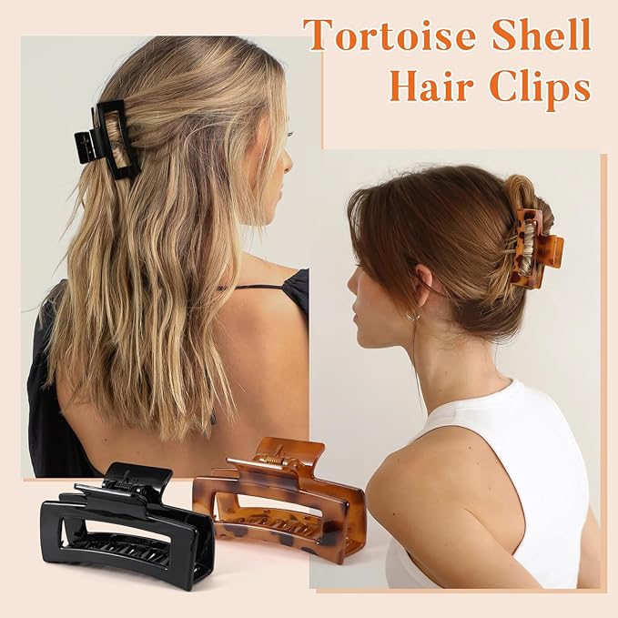 Auseibeely 6 Pcs Rectangle Tortoise Shell Claw Clip - 3.35 Inch Medium Hair Clips for Women and Girls, Non-slip Square Claw Clips for Thick/Thin Hair, Banana Jaw Clips Accessories for Gift