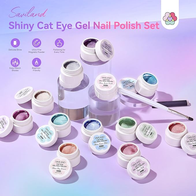 SAVILAND Cat Eye Gel Nail Polish: 12 Colors Shimmer Glitter Cateye Gel Polish Art Delicate Magnetic Nail Polish Pen Quick Dry with Magnet Stick Smooth DIY Manicure Salon Velvet Nails 5ml