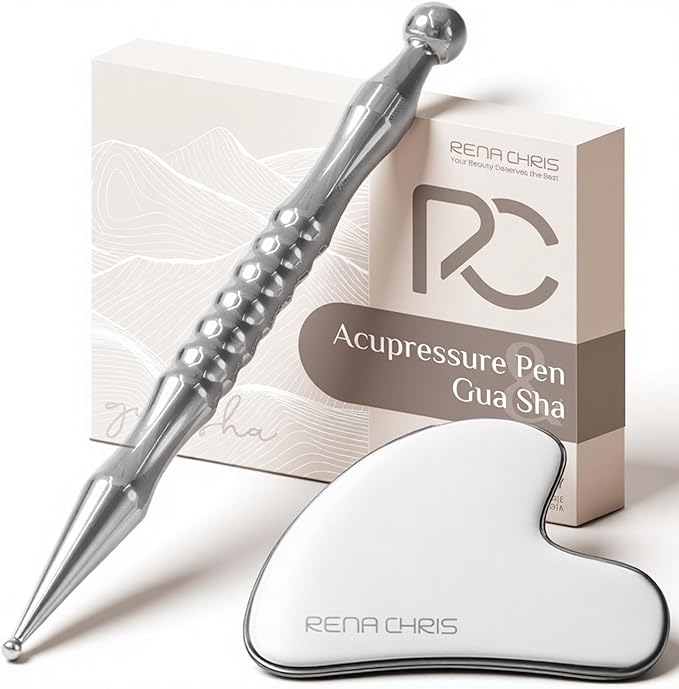 Rena Chris Acupuncture Pen, Manual Reflexology Tools for Muscle Tension and Pain Relief, Acupressure Pen and Stainless Steel Gua Sha Set with Reflexology Chart, Easy to Use