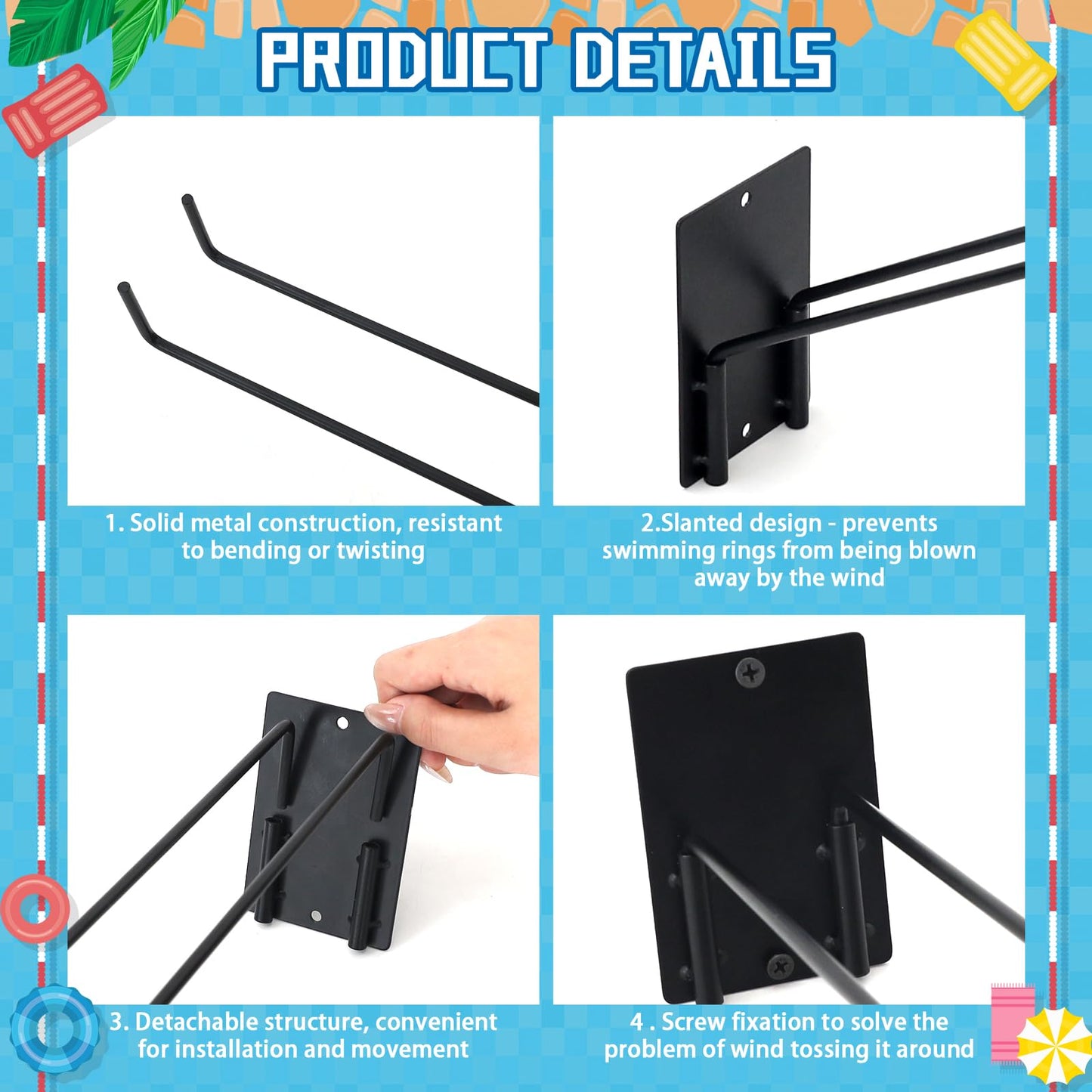 3 Pcs Pool Float Storage Holder, 16.5 Inch Wall Mount Pool Float Organizer Storage Rack with Hangers for Swimming Ring, Towel, Tools & More Storage Indoor Outdoor Space-Saving (Oblique angle)