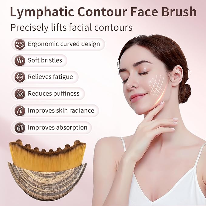 Lymphatic Contour Face Brush for Sculpting, 2 Pcs Facial Brush for Lymphatic Drainage, Soft Dry Brushing for Face with 3 Pcs Massage Tool for Chin & Neck, Precisely Fits Skin and Relieve Fatigue