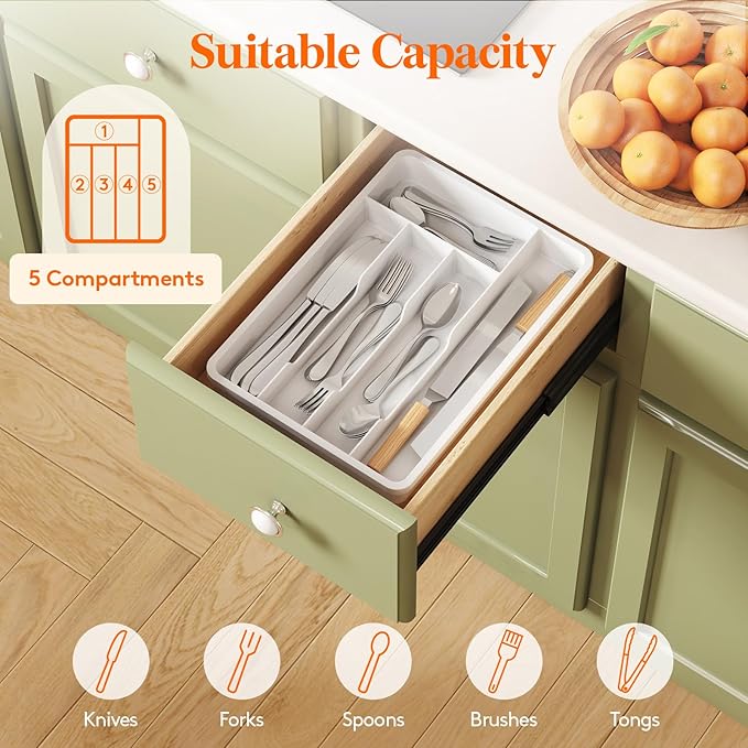 Lifewit Silverware Drawer Organizer Tray, Plastic Cutlery Storage for Kitchen, Flatware and Utensil Holder Divider for Spoons Forks Knives Tableware, 9.5 x 13.4", 5 Slots, White