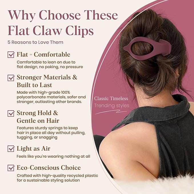 6 PCS Large Flat Hair Clips for Women, French Concord Lay Down Flat Claw Clips for Thick Thin Hair, Comfortable Curved Flat Hair Clip, Matte Non-slip Strong Hold Hair Accessories, Chic Colors