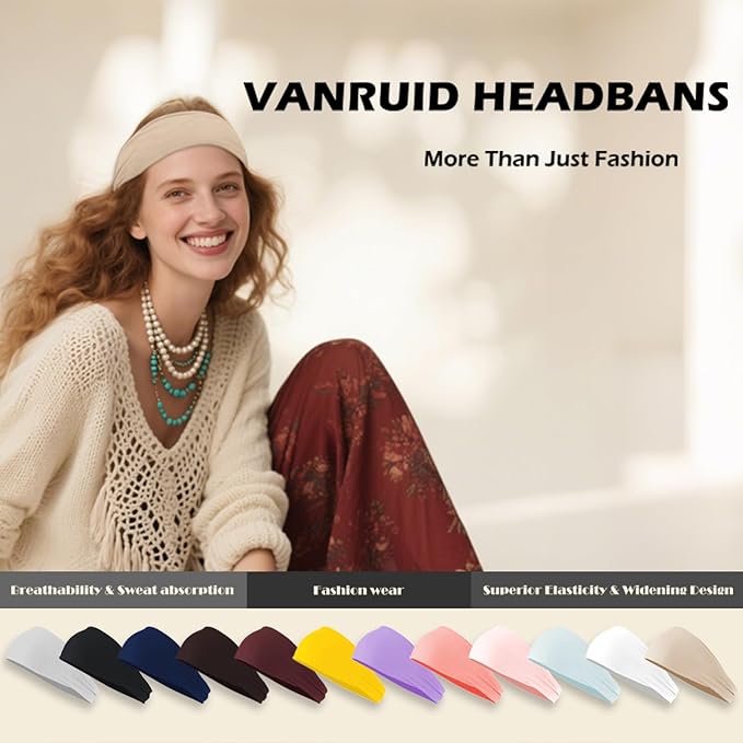 Headbands for Women, 12PCS Wide Stretchy Sports Hair Bands, Elastic Soft Fashion Head Bands, Non-Slip Running Sweatbands for Fashion, Washing Face, Workouts, Yoga, Daily Use