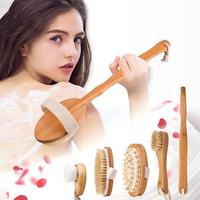 Premium Dry Brushing Body Brush Set for Lymphatic Drainage and Cellulite Treatment, Boar Bristle Long Handle Face Cleansing Brush for A Glowing Skin, 5 Pack