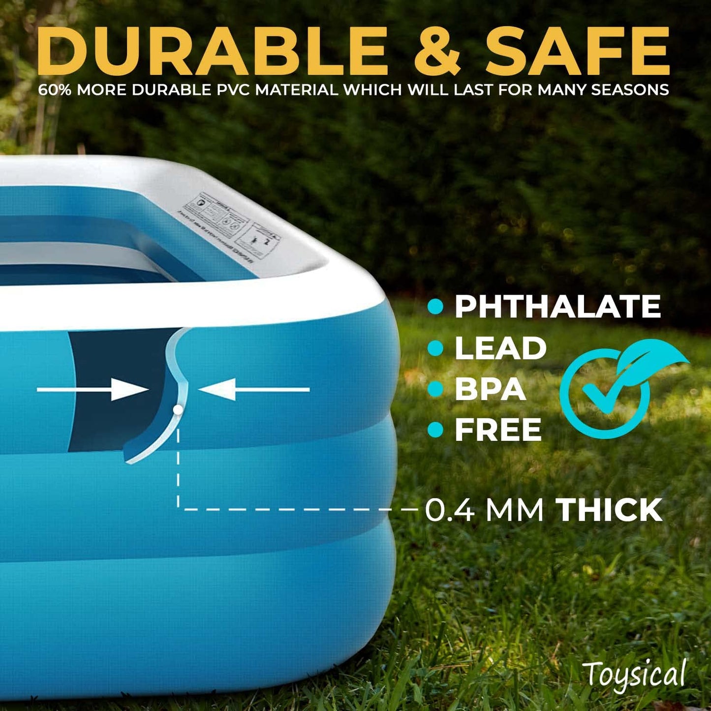 Toysical Inflatable Pool for Kids and Adults with Pump - 118 x 72 x 22 - More Durable Than Other Blow up Pools for Adults - Includes Patches