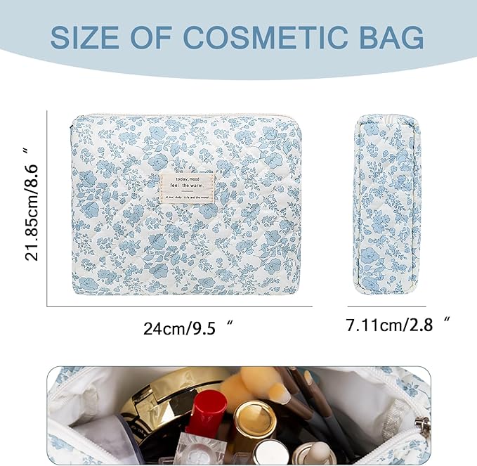 Large Makeup Bag, Cute Cosmetic Bag for Women Girls, Floral Coquette Aesthetic Toiletry Bag, Travel Make Up Organizer Bag(Blue Floral)