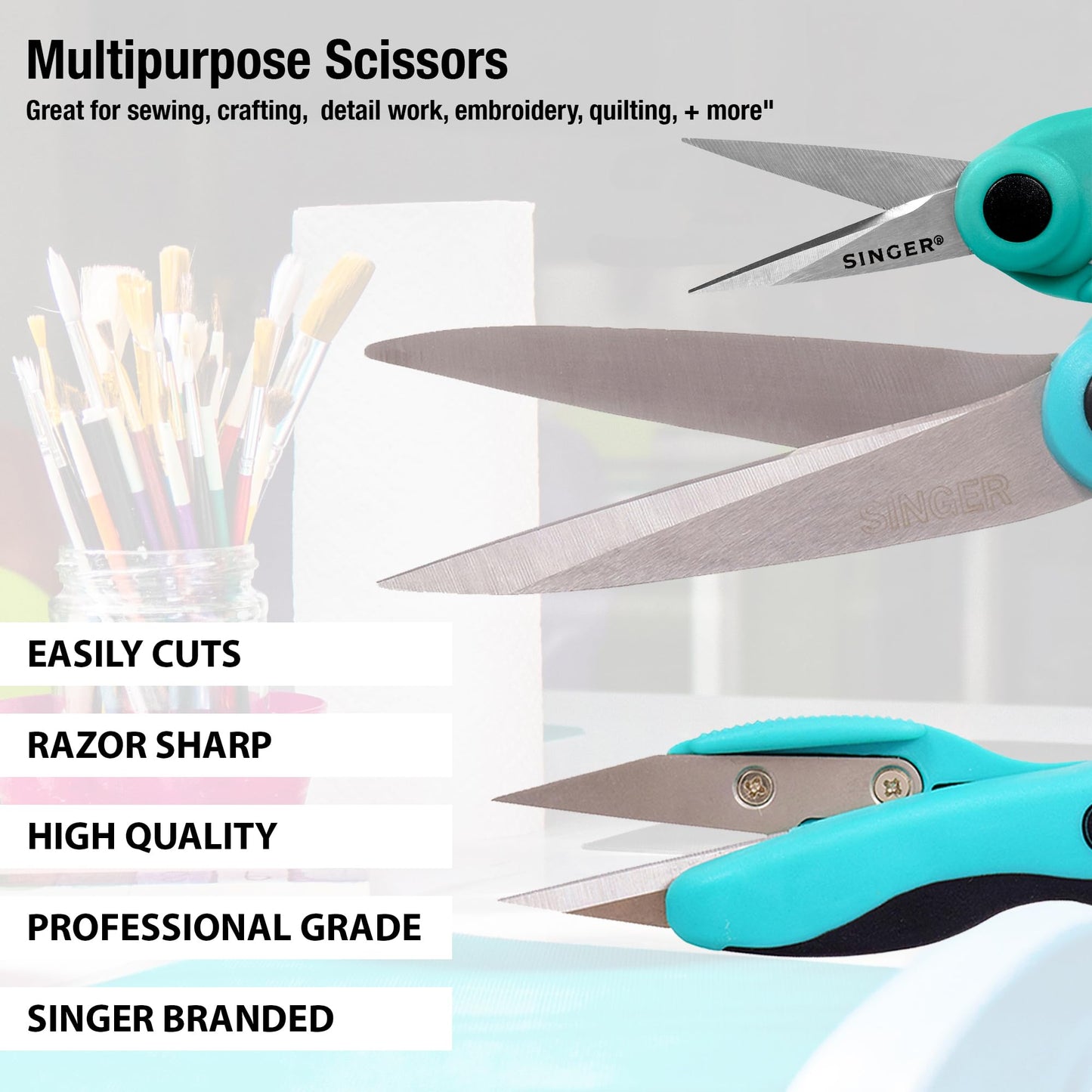 SINGER ProSeries Sewing Scissors Bundle: 8.5" Heavy Duty Fabric, 4.5" Detail Embroidery, 5" Thread Snips With Comfort Grip (Teal)