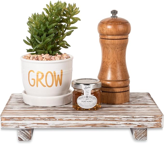 zoocatia Small Wood Tray Pedestal Stand Farmhouse Bathroom Decor Decorative Wooden Riser Kitchen Soap Dish Holder for Vanity, Counter, Sink, 9" x 5.9" - Retro White