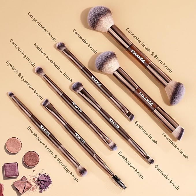 MAANGE 7 PCS Foundation Makeup Brush Set With Bag, Make up Brushes, Eyeshadow Concealer Brush, Double-ended Foundation Contour Powder Blush, Professional Face brush Set Tools For Liquid,Cream(Apricot)